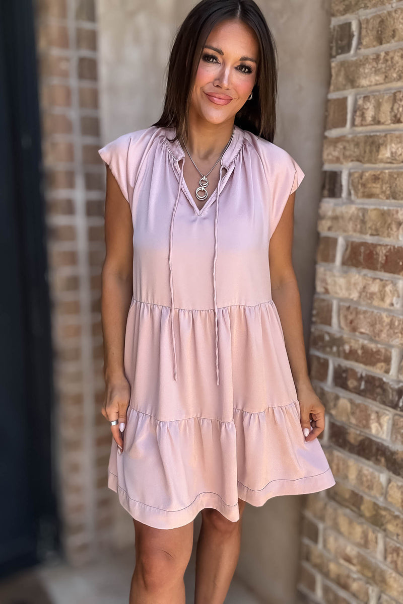 Blush Cap Sleeve Tiered Shift Gathered Mini Dress