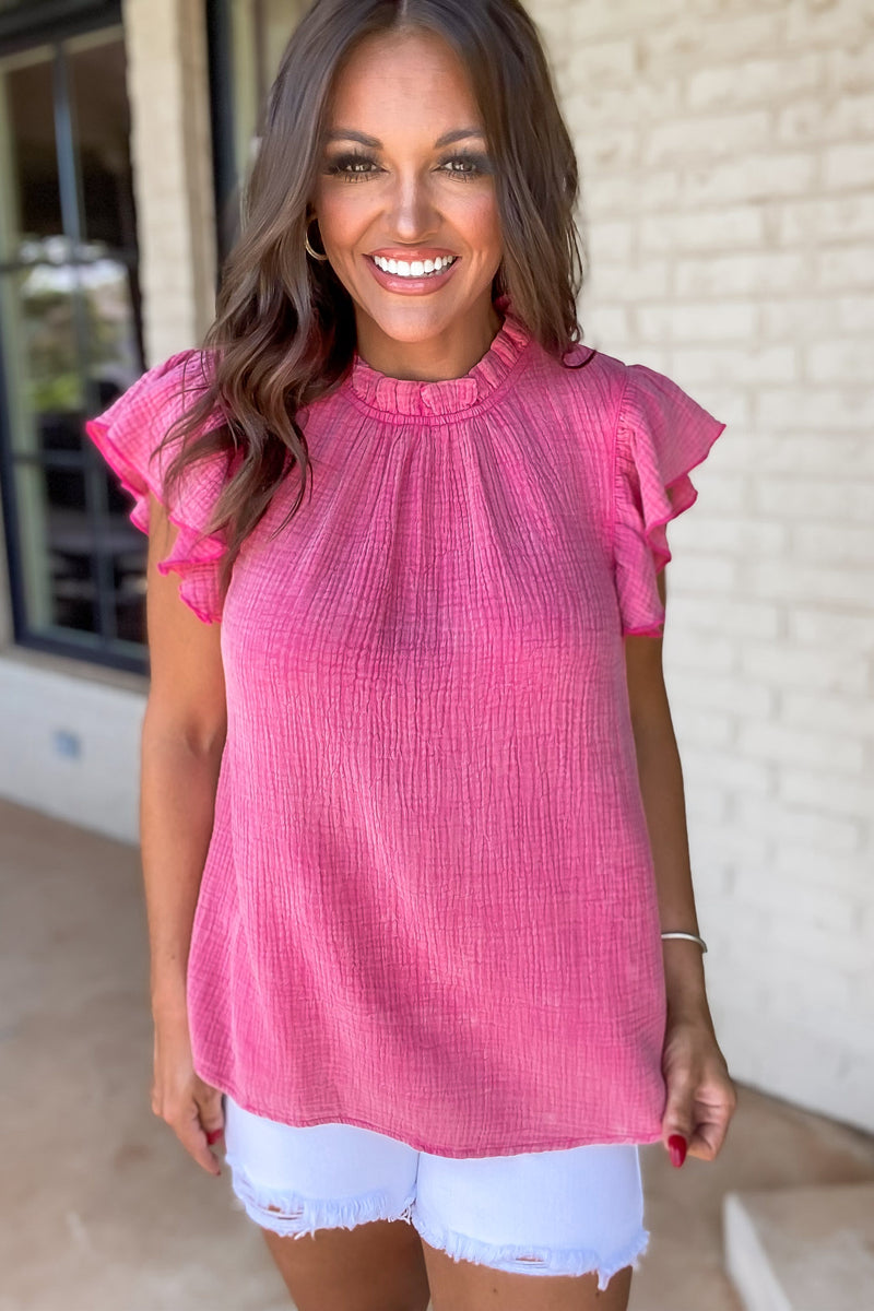 Wrenlee Pink Textured Light Washed Ruffle Cap Sleeve Top