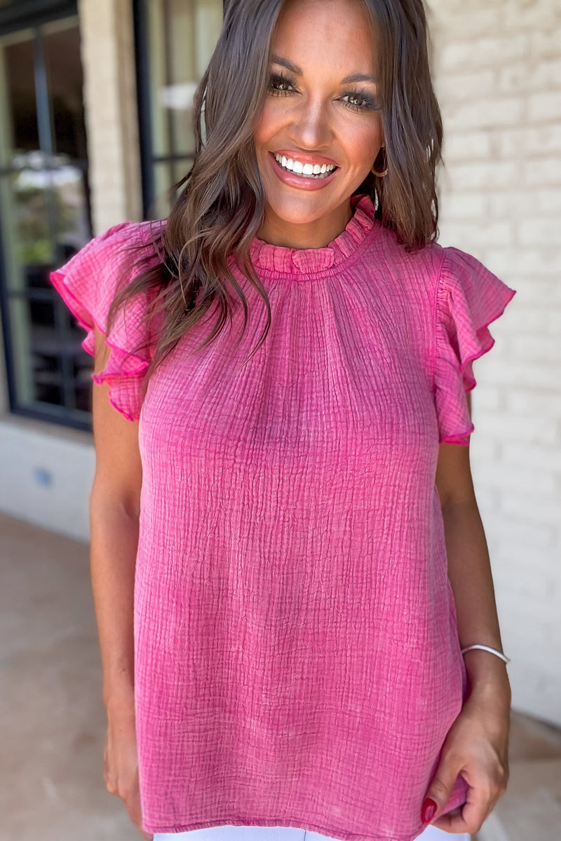 Wrenlee Pink Textured Light Washed Ruffle Cap Sleeve Top