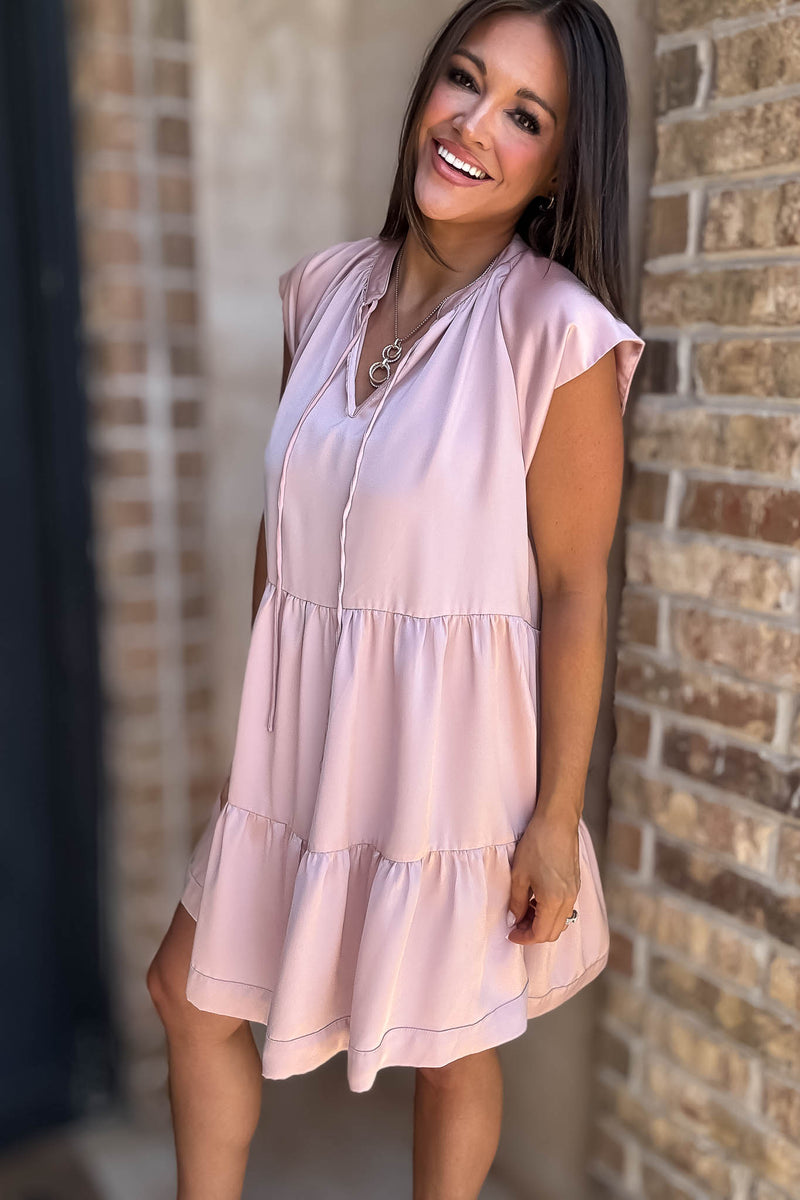 Blush Cap Sleeve Tiered Shift Gathered Mini Dress