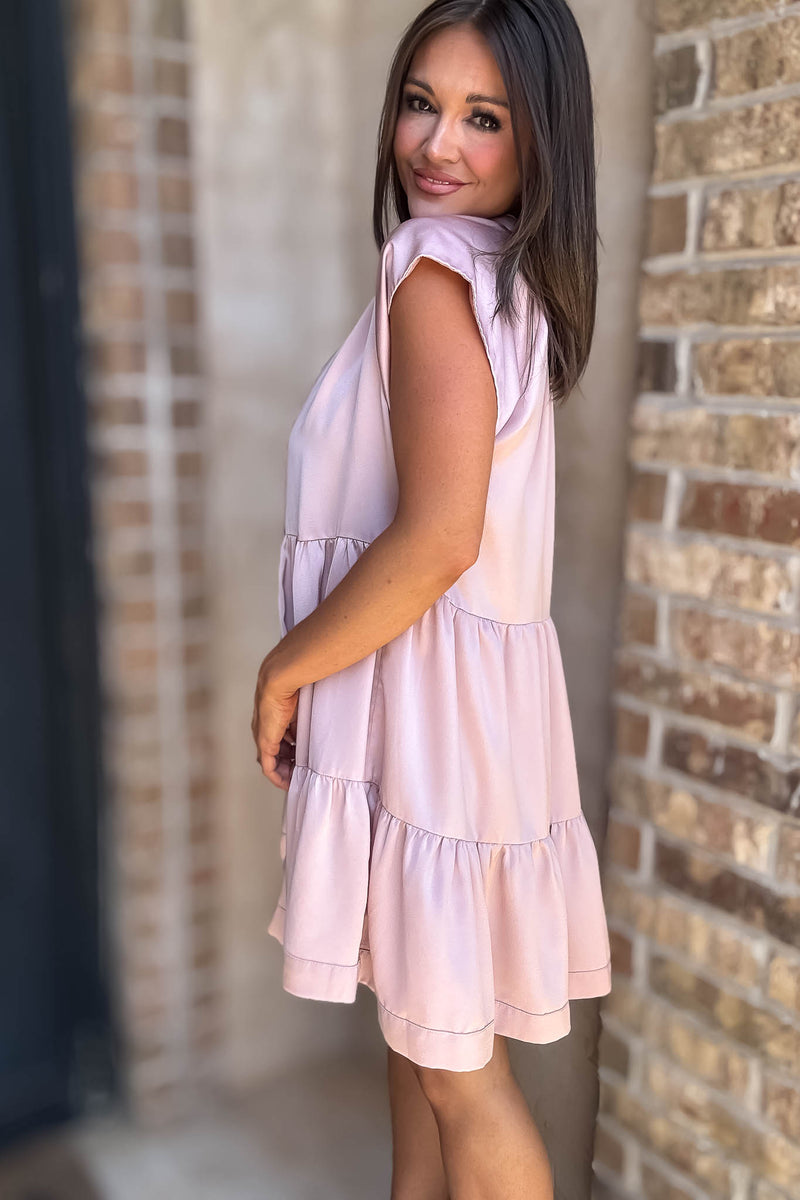 Blush Cap Sleeve Tiered Shift Gathered Mini Dress
