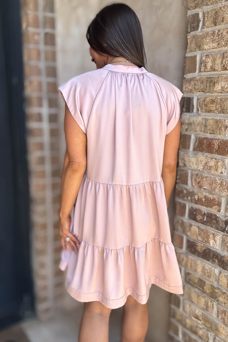 Blush Cap Sleeve Tiered Shift Gathered Mini Dress