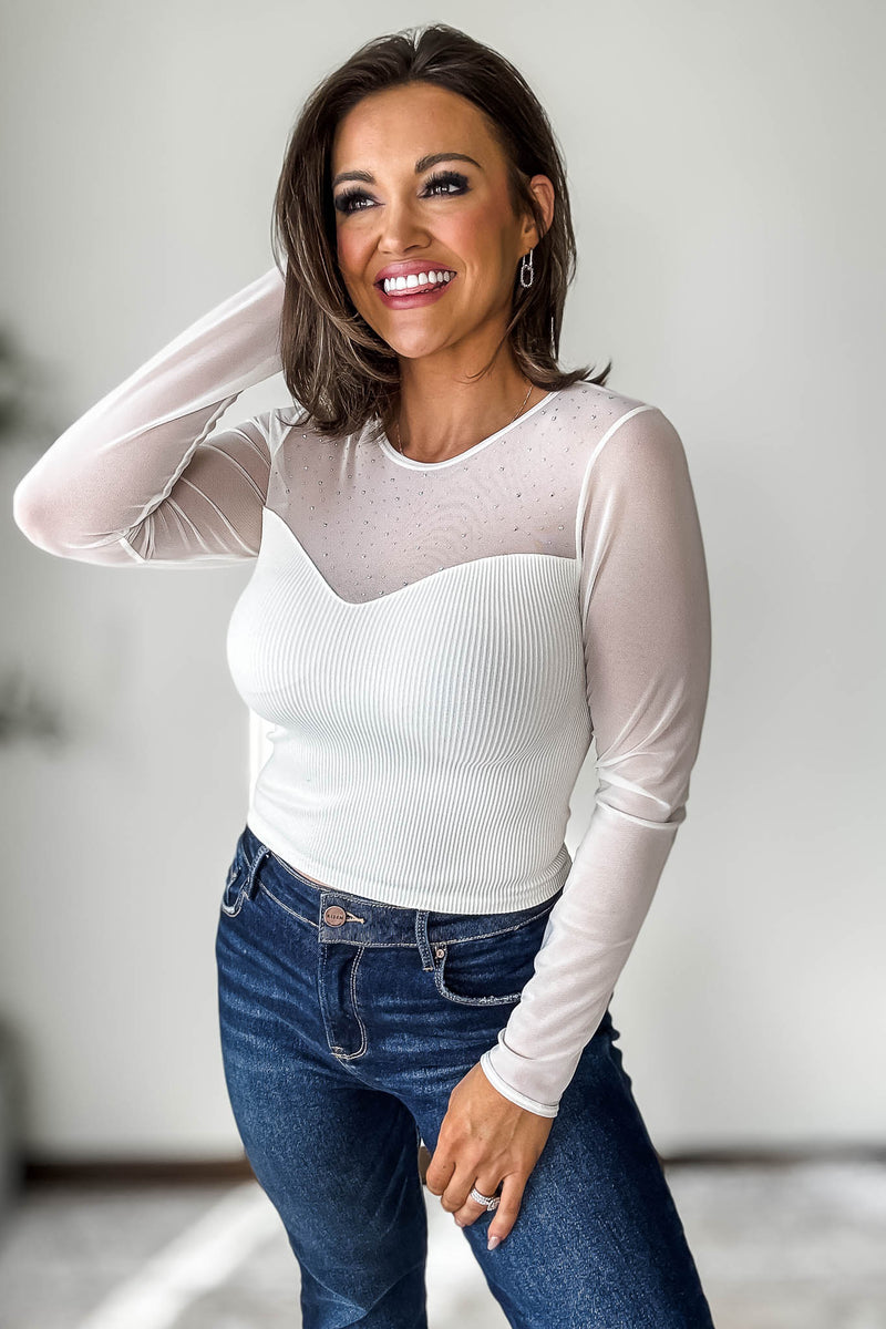 White Illusion Mesh Contrast  Detailed Top