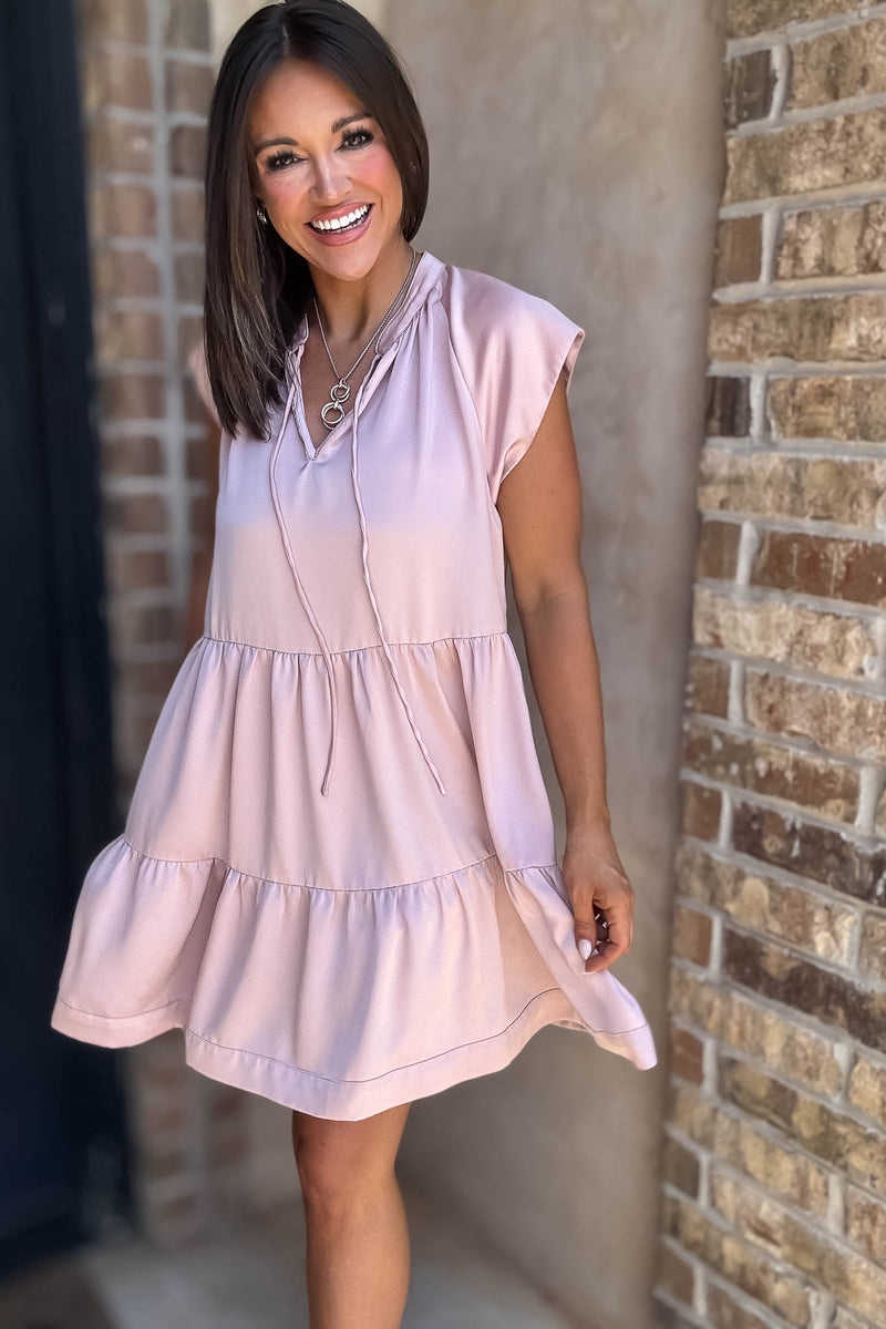Blush Cap Sleeve Tiered Shift Gathered Mini Dress