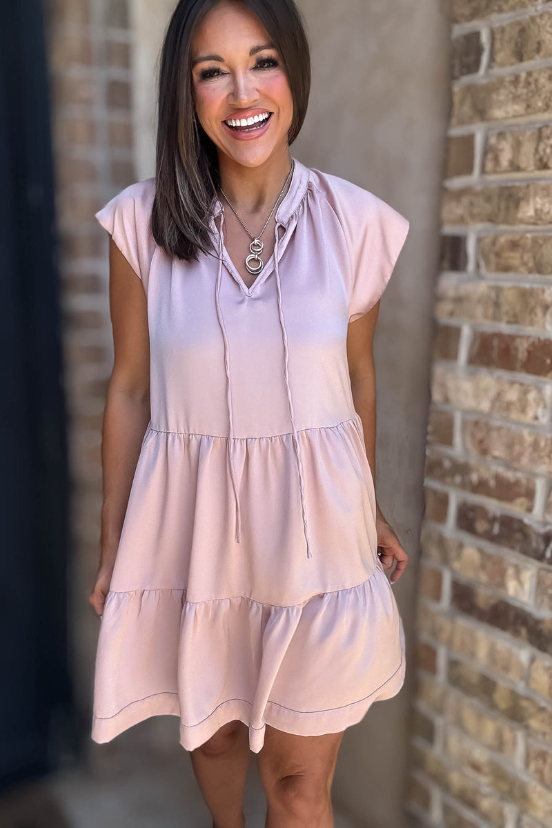Blush Cap Sleeve Tiered Shift Gathered Mini Dress
