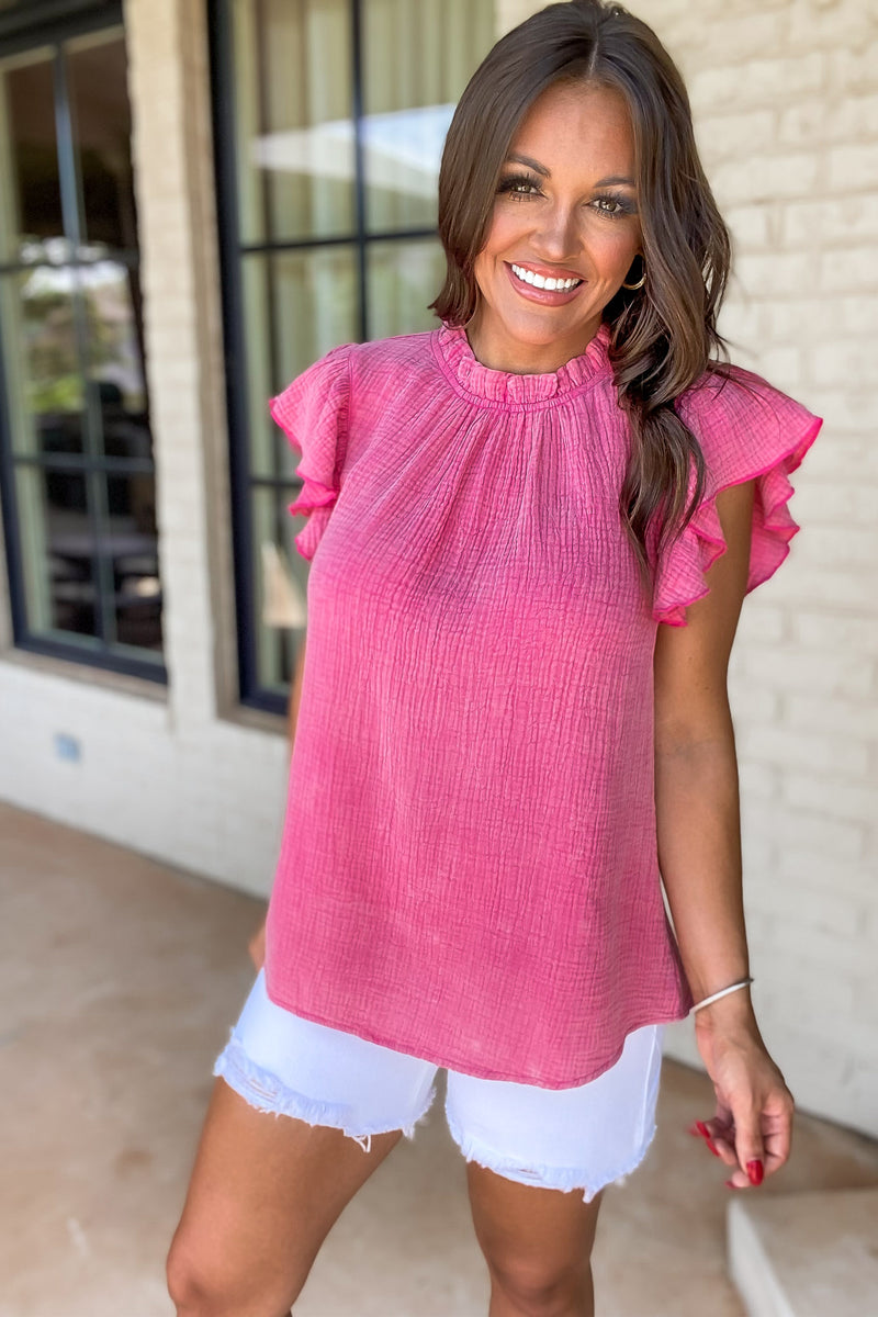 Wrenlee Pink Textured Light Washed Ruffle Cap Sleeve Top