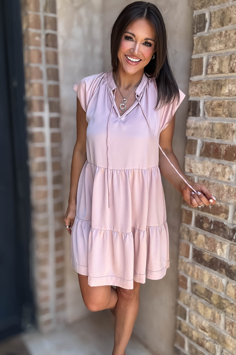 Blush Cap Sleeve Tiered Shift Gathered Mini Dress