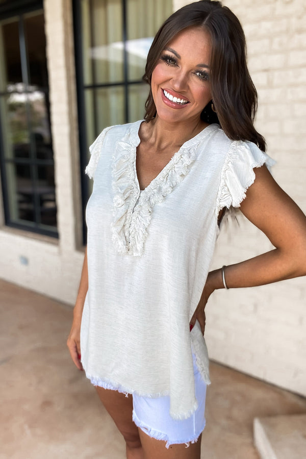Heartfelt Wishes Solid Frayed Ruffled Cap Sleeves Top