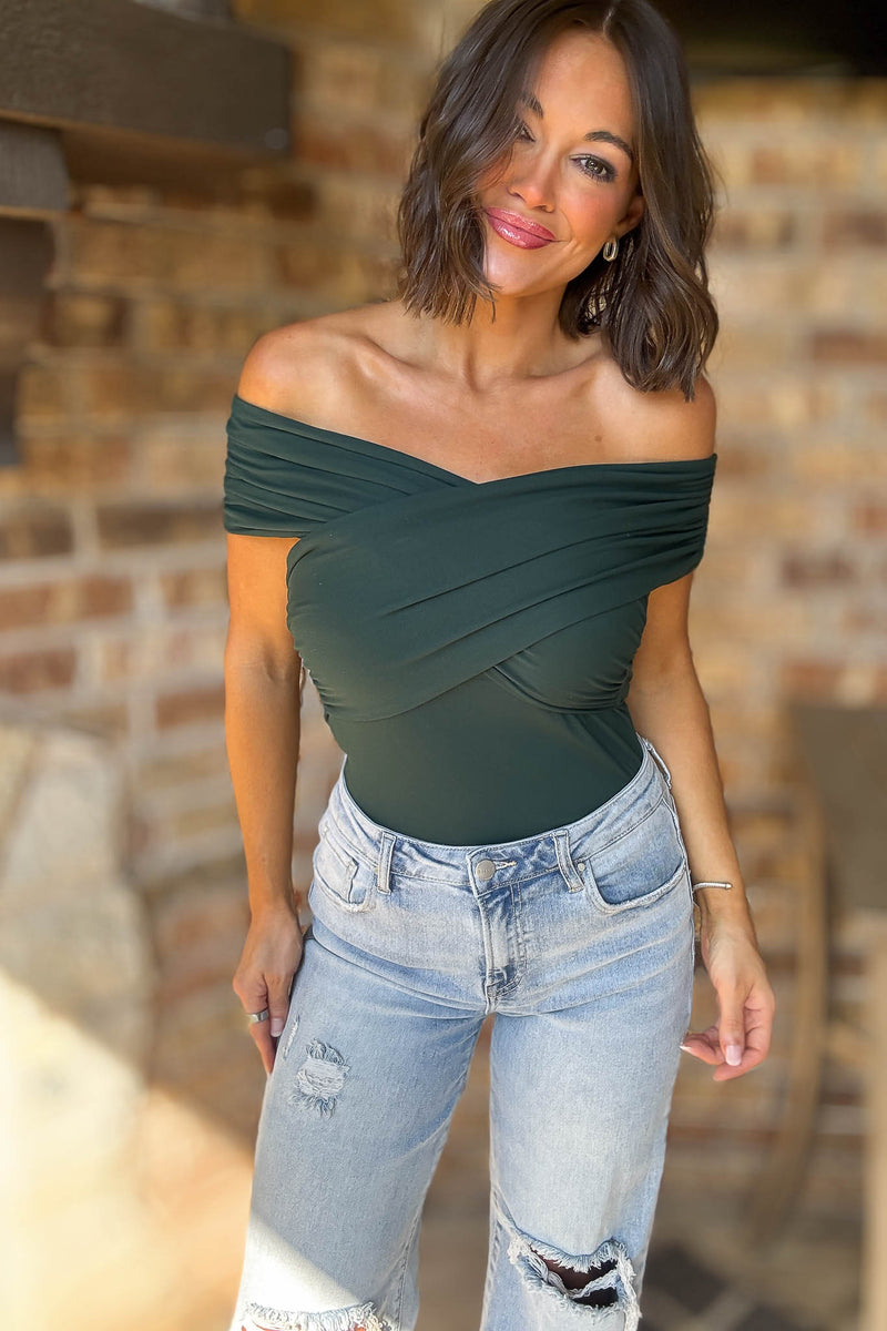 Hunter Green Off Shoulder Wrap Bodysuit
