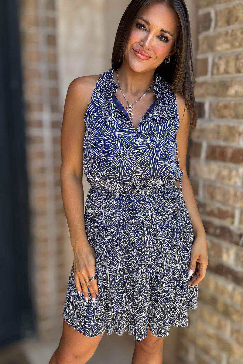 Navy Floral Print High Neck Smocked Tiered Dress