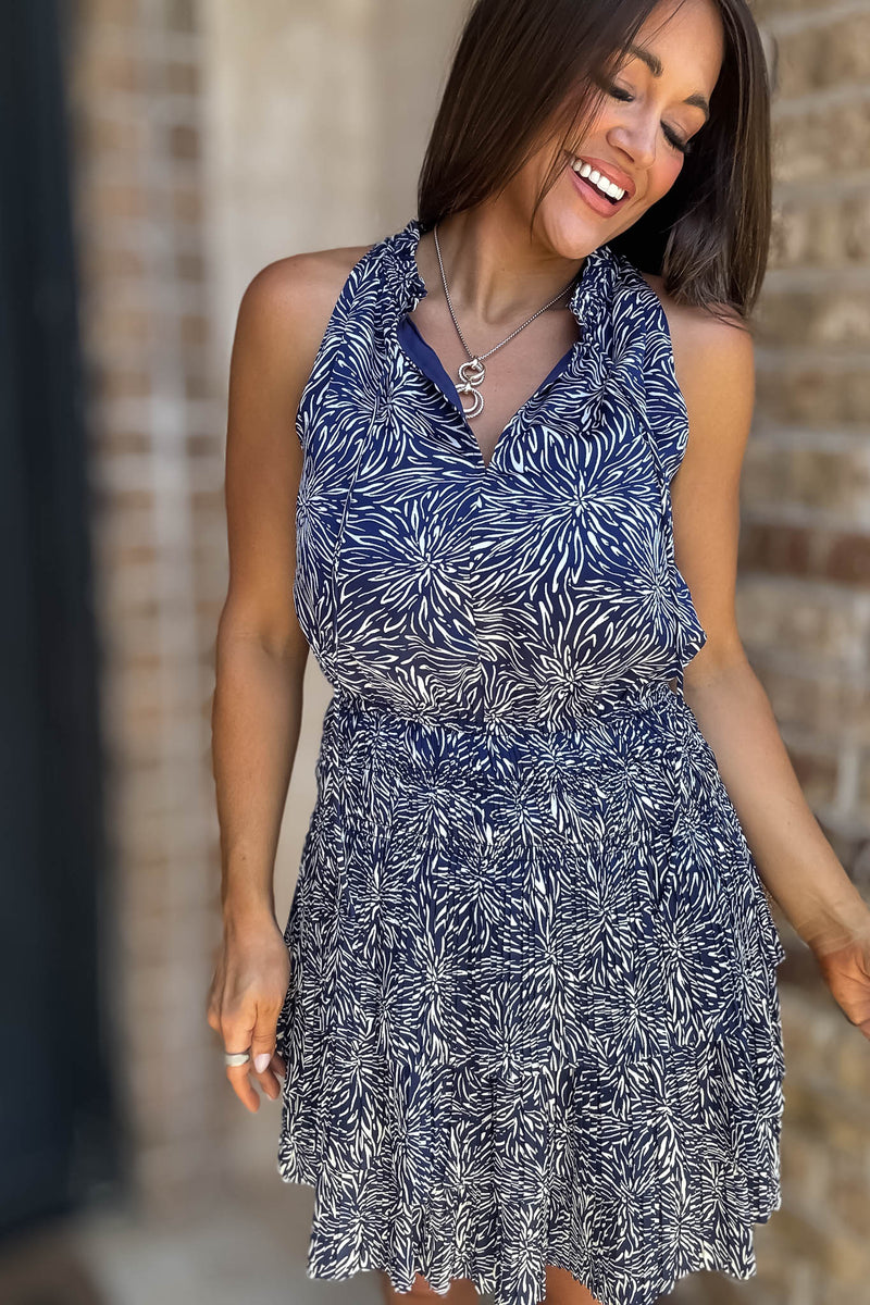Navy Floral Print High Neck Smocked Tiered Dress