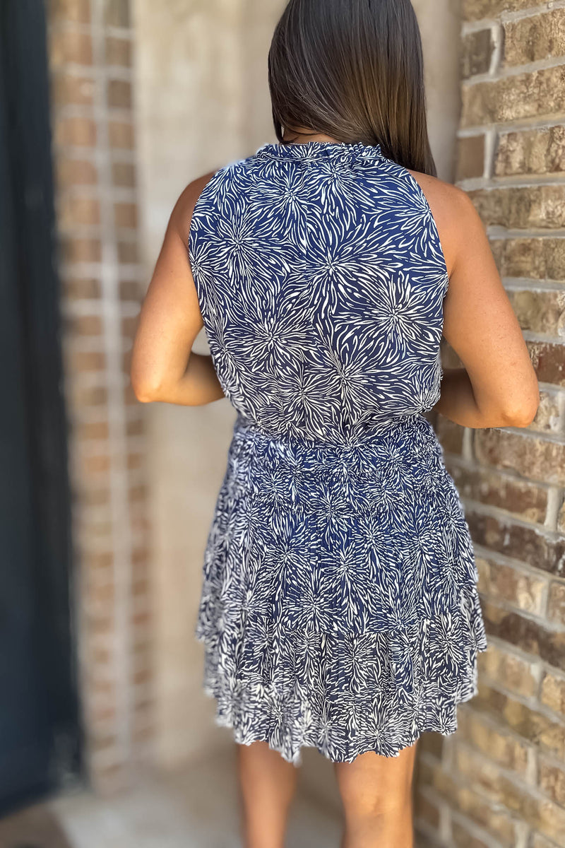 Navy Floral Print High Neck Smocked Tiered Dress
