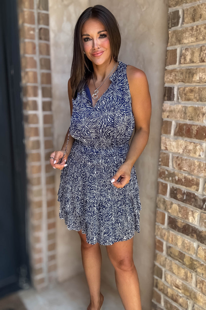 Navy Floral Print High Neck Smocked Tiered Dress