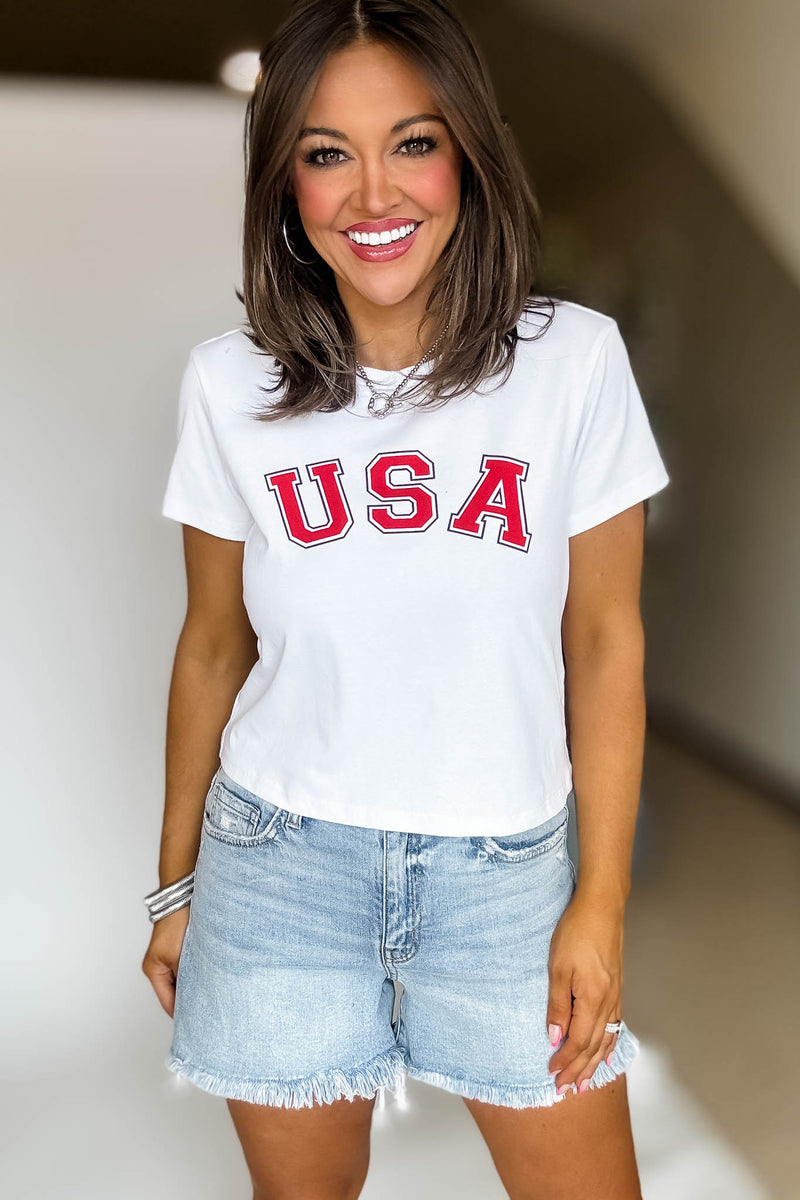USA White Graphic Short Sleeve Crew Neck Baby Tee