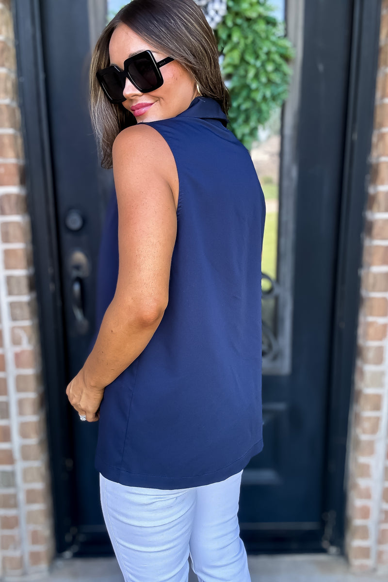 Shawl Neck Navy Open Front Vest Blazer