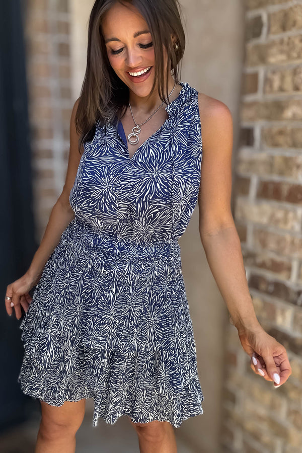 Navy Floral Print High Neck Smocked Tiered Dress