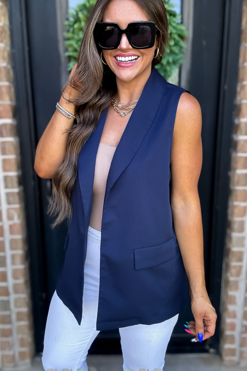 Shawl Neck Navy Open Front Vest Blazer