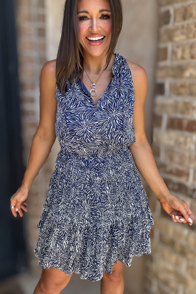 Navy Floral Print High Neck Smocked Tiered Dress