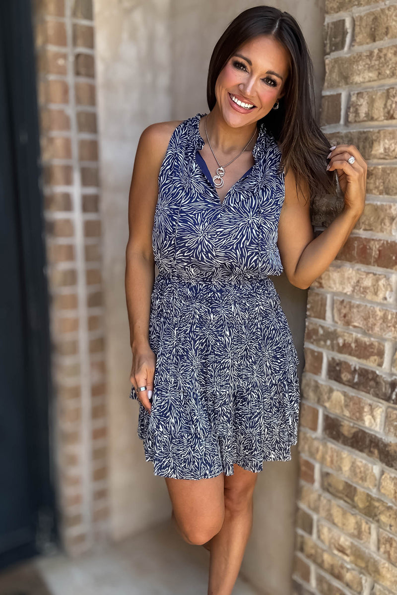 Navy Floral Print High Neck Smocked Tiered Dress