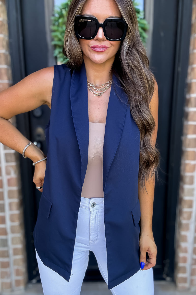 Shawl Neck Navy Open Front Vest Blazer