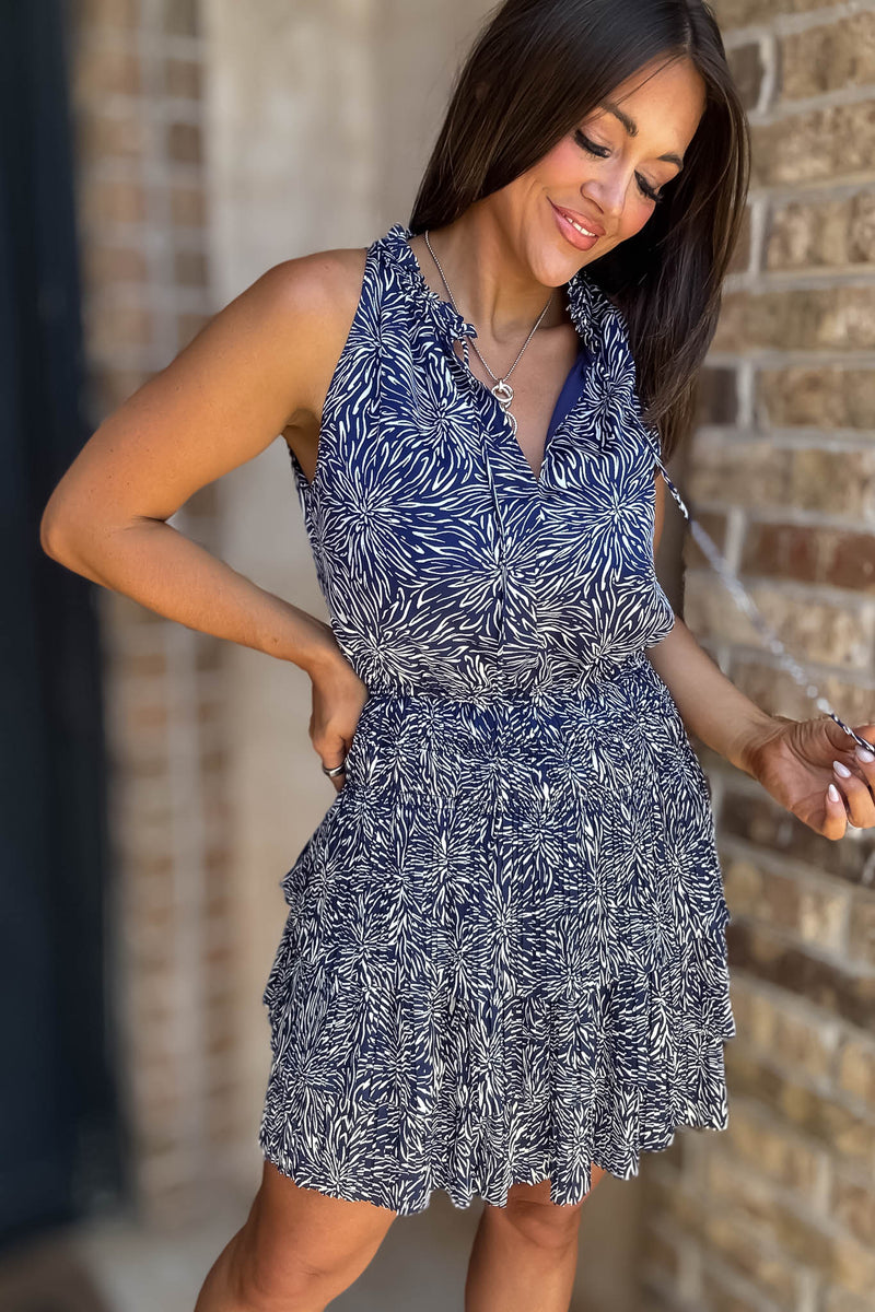 Navy Floral Print High Neck Smocked Tiered Dress