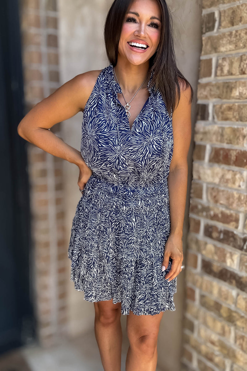 Navy Floral Print High Neck Smocked Tiered Dress