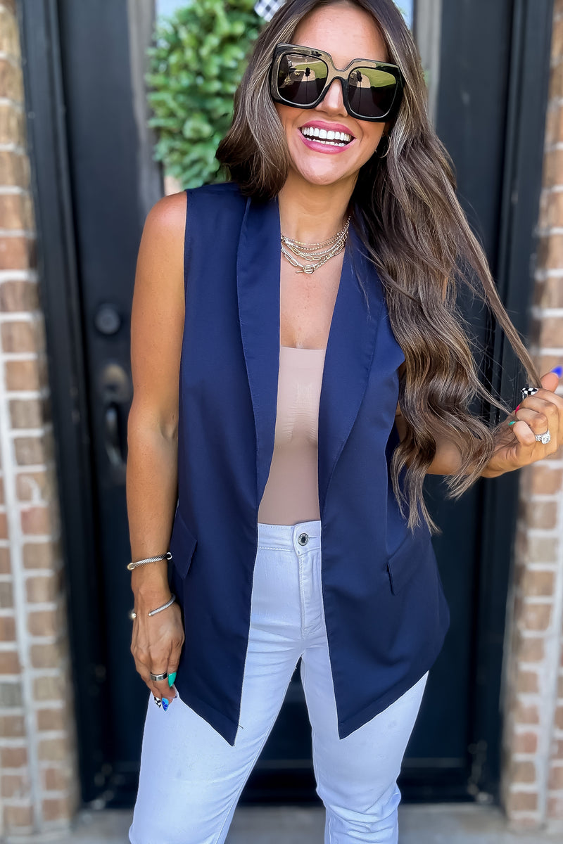 Shawl Neck Navy Open Front Vest Blazer