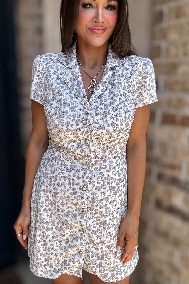 Cream Floral Print Button Down Collared Mini Dress