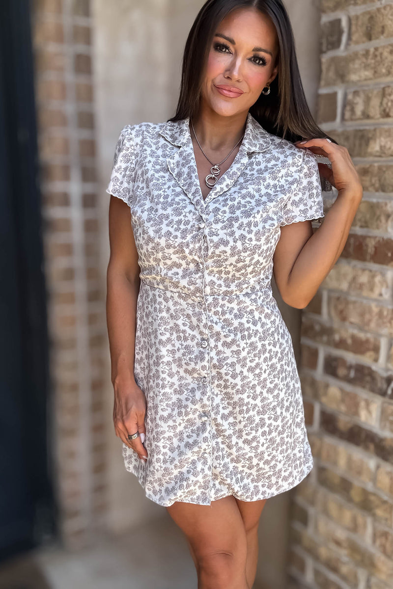 Cream Floral Print Button Down Collared Mini Dress