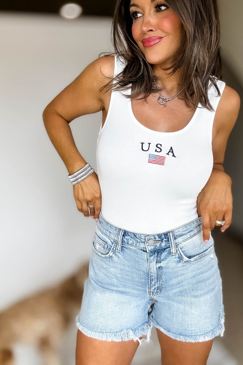 USA White Sleeveless Bodysuit