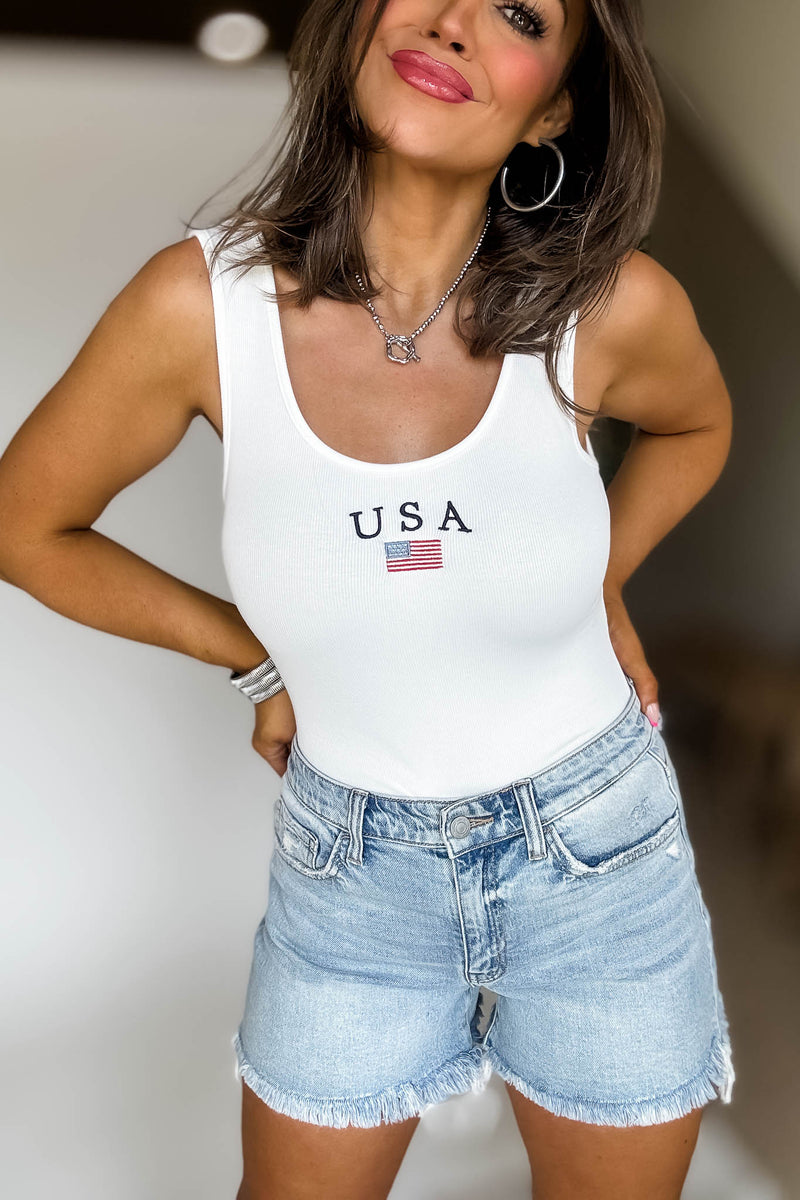 USA White Sleeveless Bodysuit