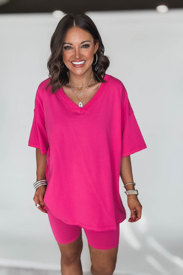 HOT SHOT COTTON HOT PINK V-NECK REVERSIBLE TOP & BIKER SHORTS SET
