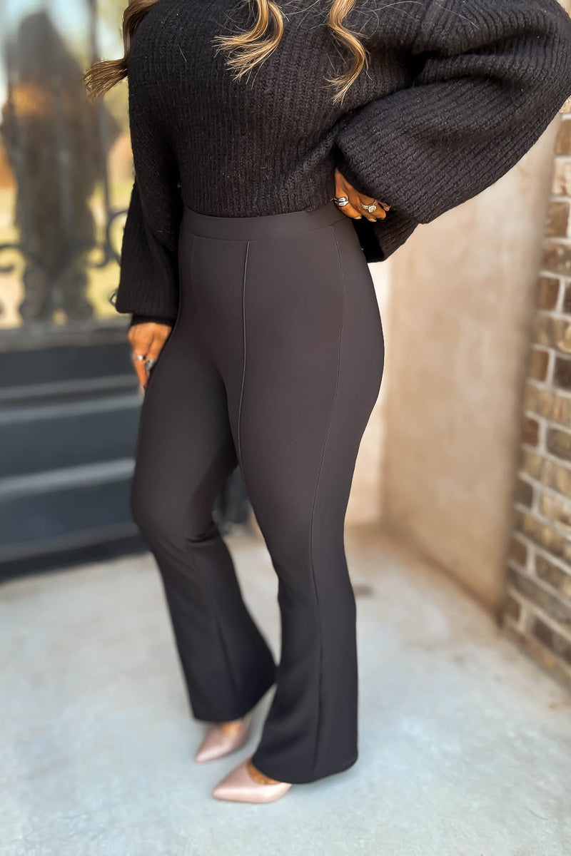 Business Casual Black Scuba Knit High Rise Pintuck Tailored Boot Pant