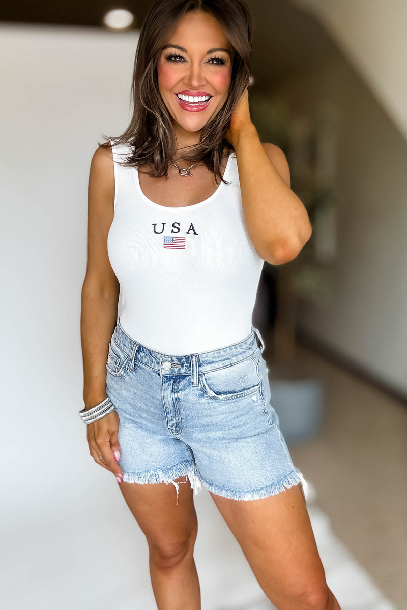 USA White Sleeveless Bodysuit