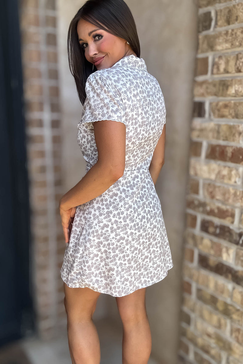 Cream Floral Print Button Down Collared Mini Dress