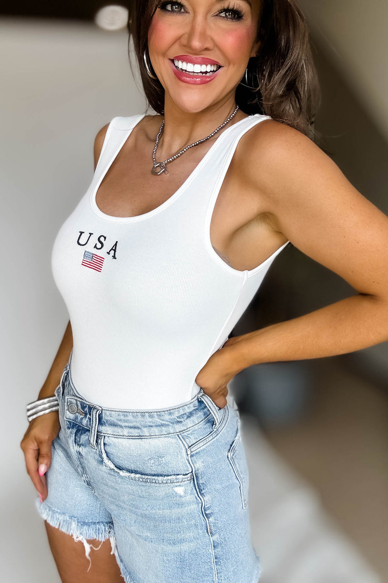 USA White Sleeveless Bodysuit