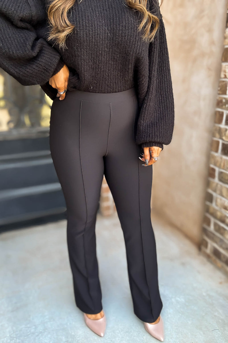 Business Casual Black Scuba Knit High Rise Pintuck Tailored Boot Pant