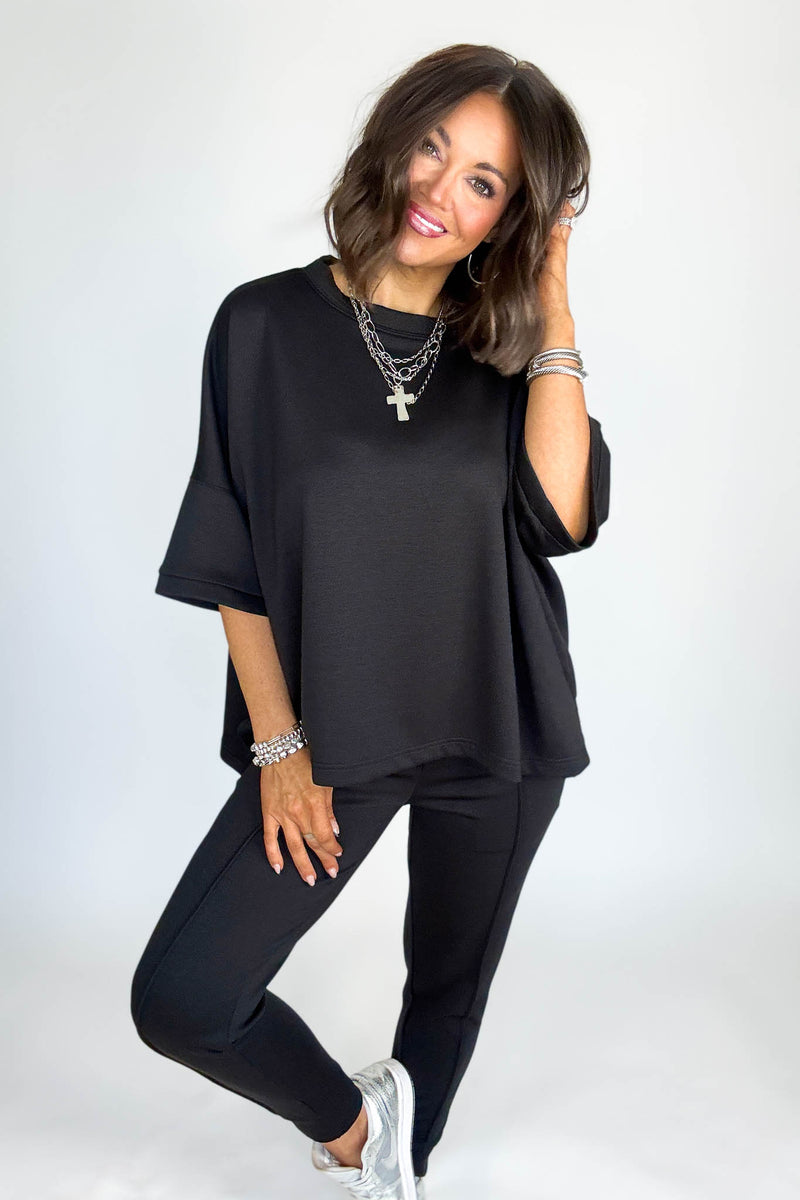 Scuba Black Round Neck Top With Side Slits