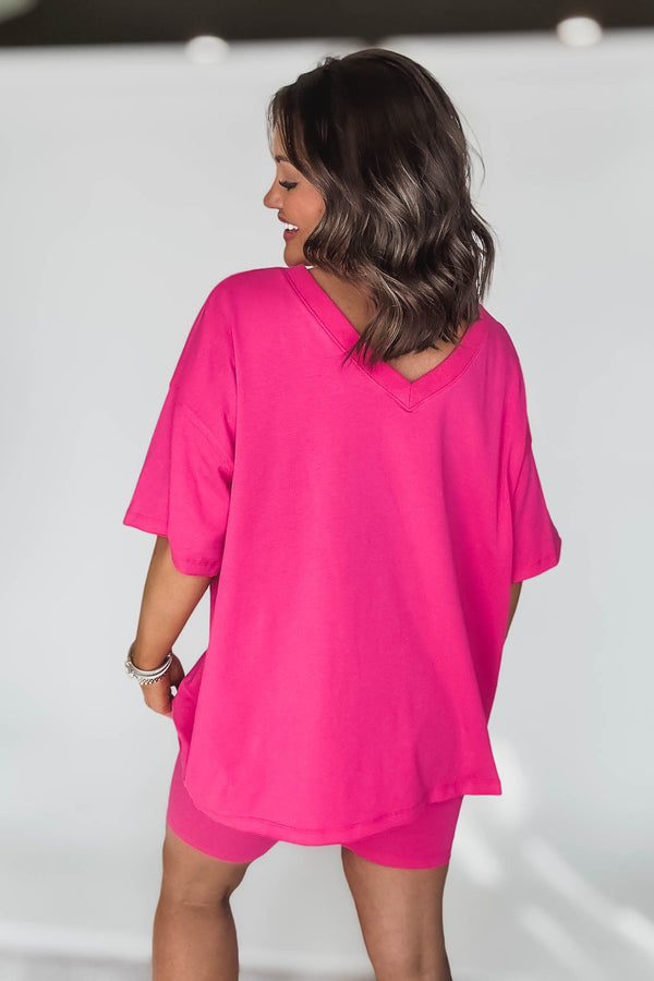 HOT SHOT COTTON HOT PINK V-NECK REVERSIBLE TOP & BIKER SHORTS SET