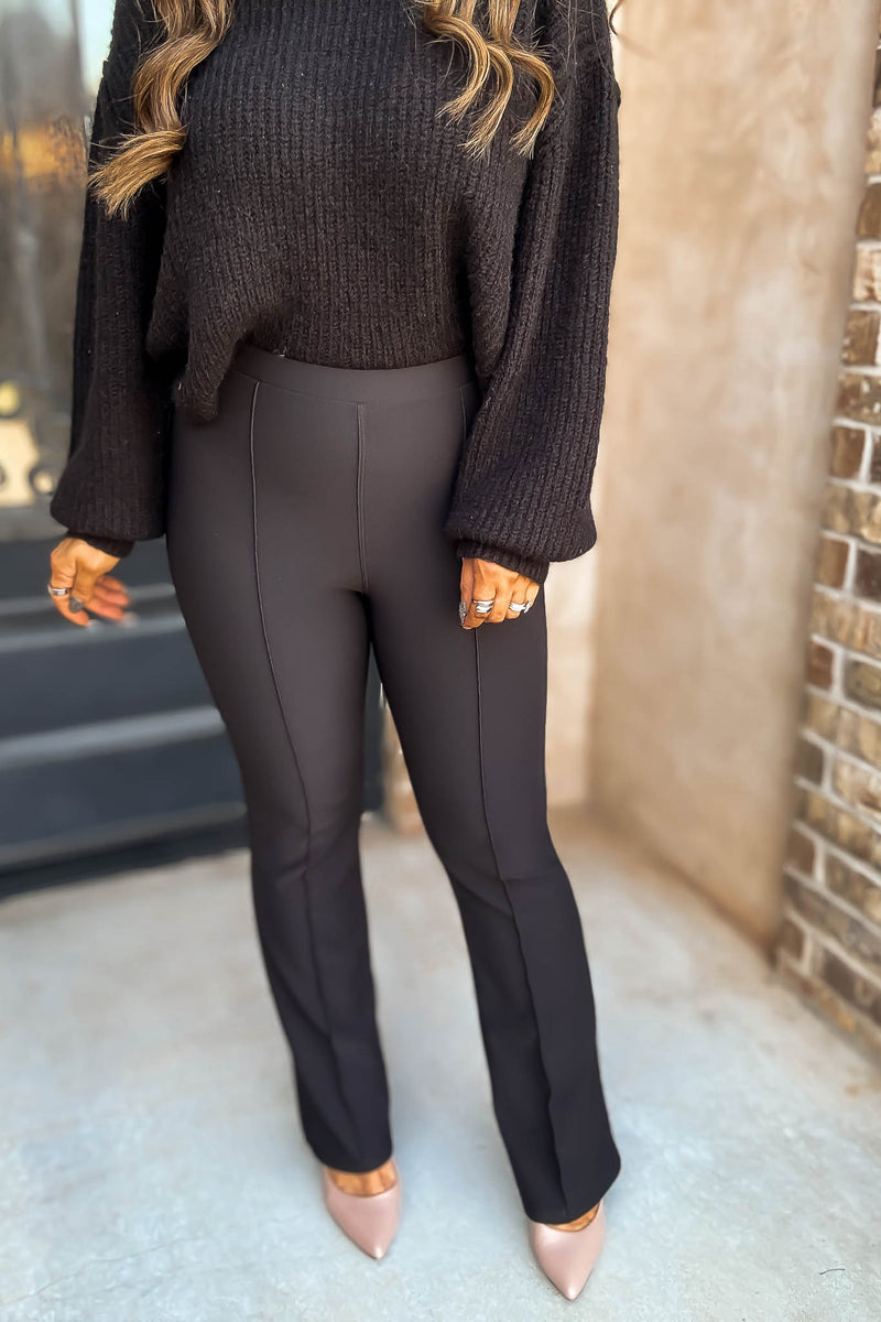 Business Casual Black Scuba Knit High Rise Pintuck Tailored Boot Pant