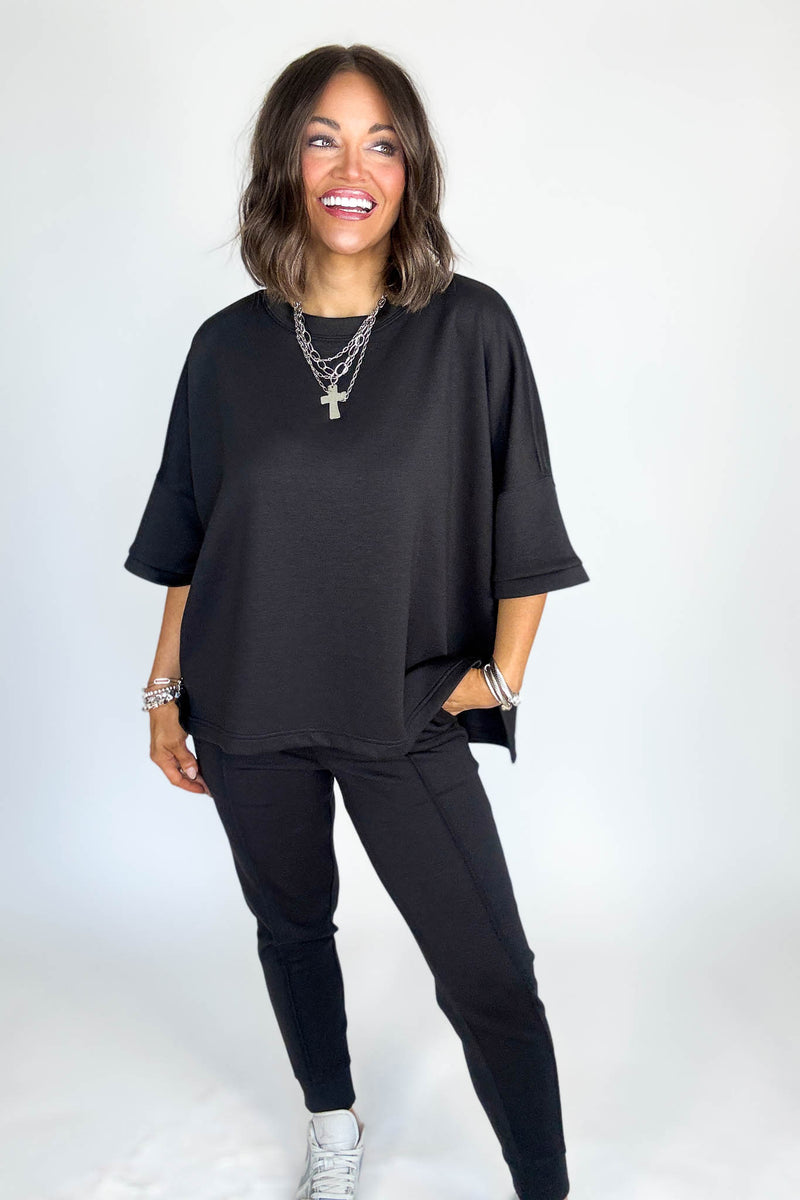 Scuba Black Round Neck Top With Side Slits