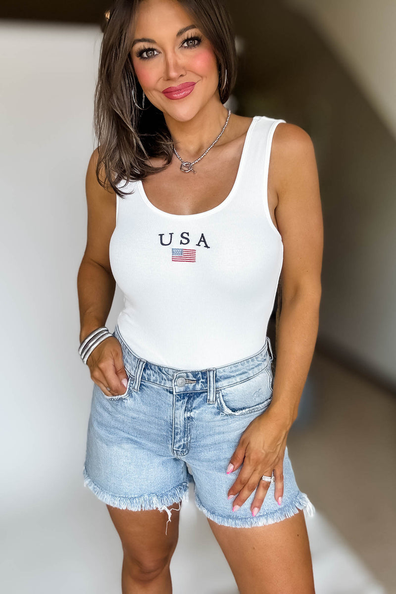 USA White Sleeveless Bodysuit