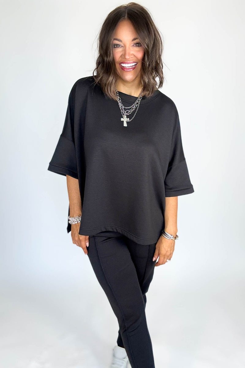 Scuba Black Round Neck Top With Side Slits