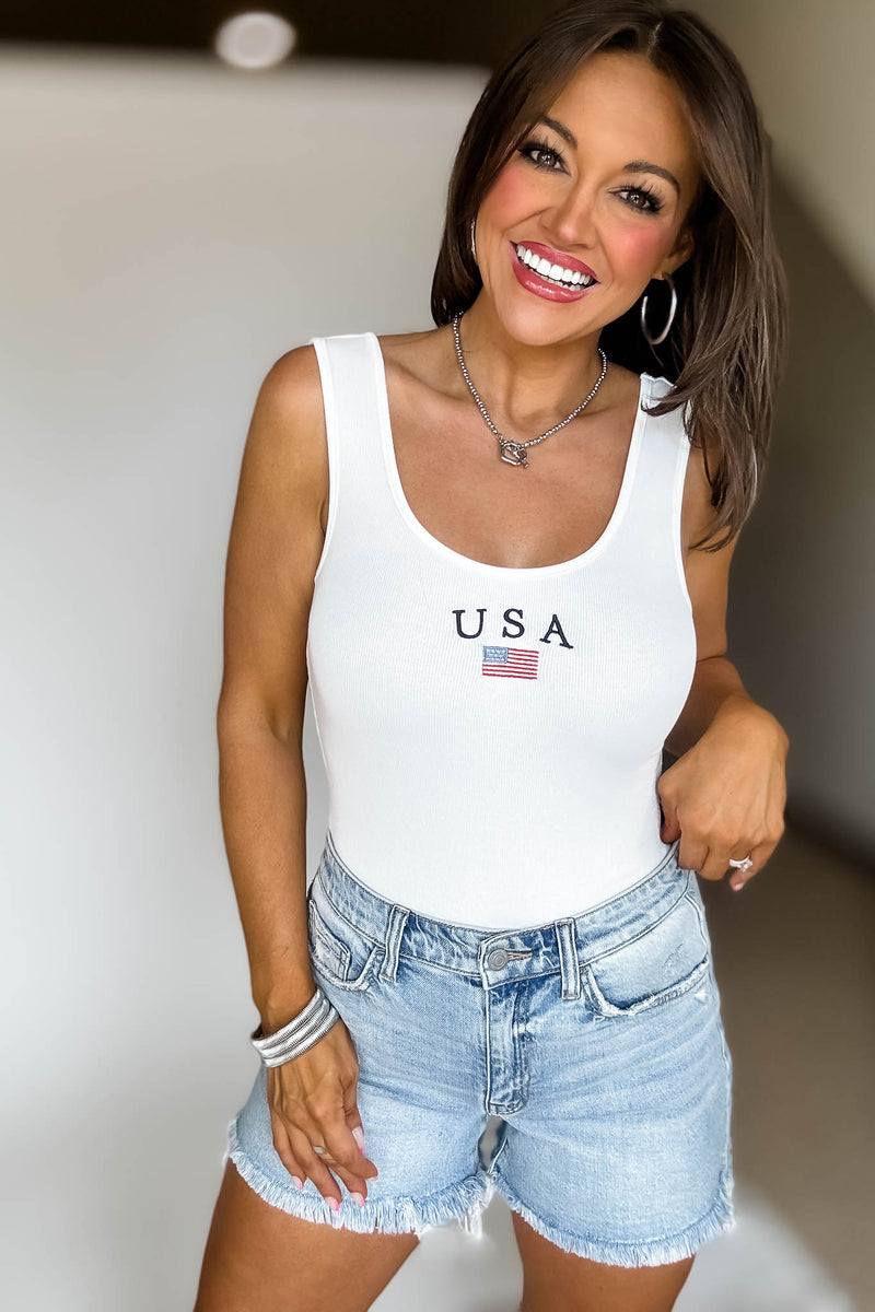 USA White Sleeveless Bodysuit