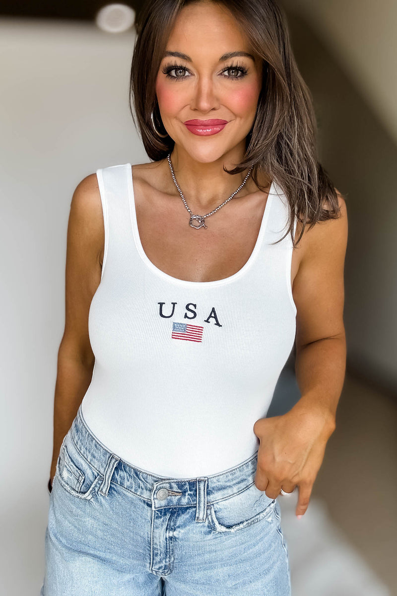 USA White Sleeveless Bodysuit