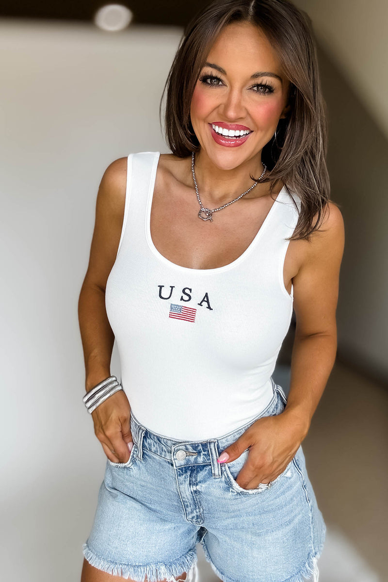 USA White Sleeveless Bodysuit