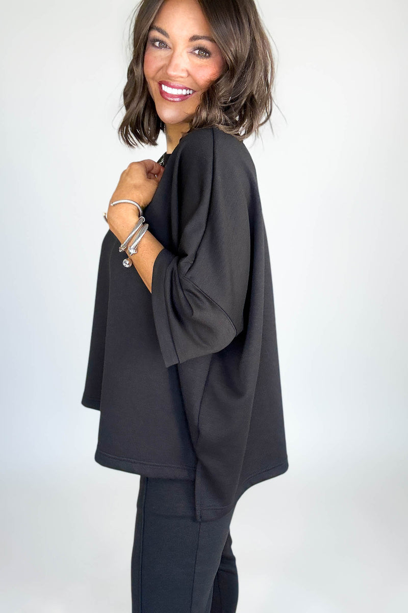 Scuba Black Round Neck Top With Side Slits