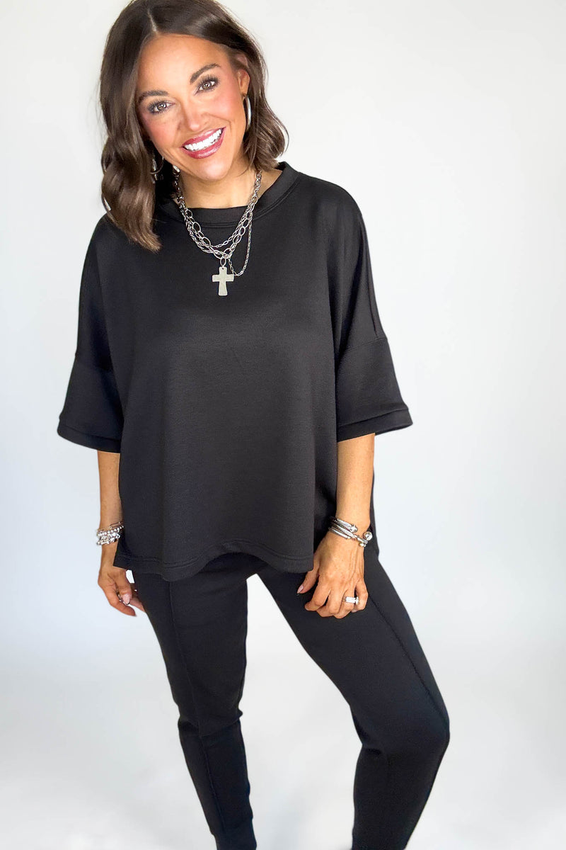 Scuba Black Round Neck Top With Side Slits