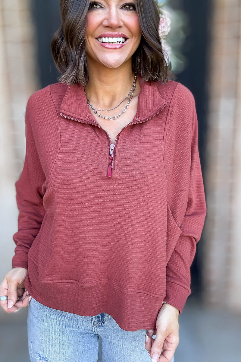 Marsala Stripe Textured Half Zip Up Long Sleeve Sweatshirt