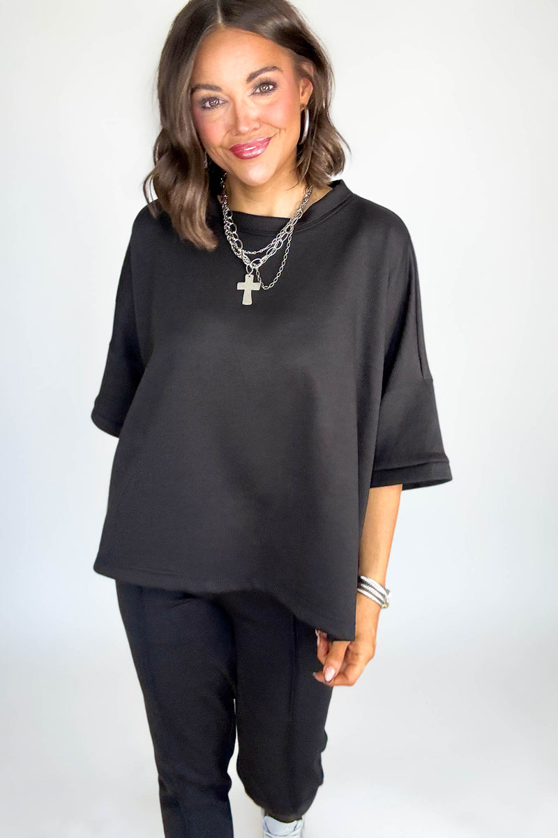 Scuba Black Round Neck Top With Side Slits